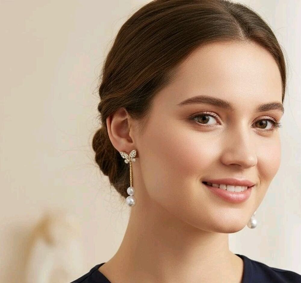 Coquette Butterfly and Gold Wire White Pearl Drop Jacket Earrings Soft Girl Vibe